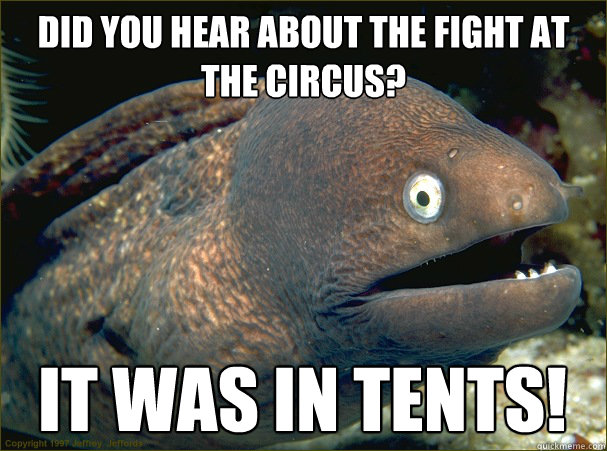 Did you hear about the fight at the circus? It was in tents!  Bad Joke Eel