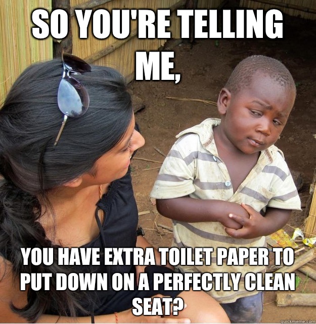 So you're telling me, You have extra toilet paper to put down on a perfectly clean seat?  Skeptical Third World Kid