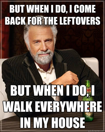 but when I do, I come back for the leftovers but when I do, i walk everywhere in my house  The Most Interesting Man In The World