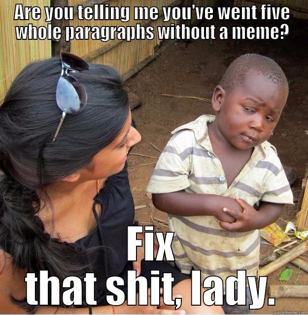 ARE YOU TELLING ME YOU'VE WENT FIVE WHOLE PARAGRAPHS WITHOUT A MEME? FIX THAT SHIT, LADY. Skeptical Third World Kid