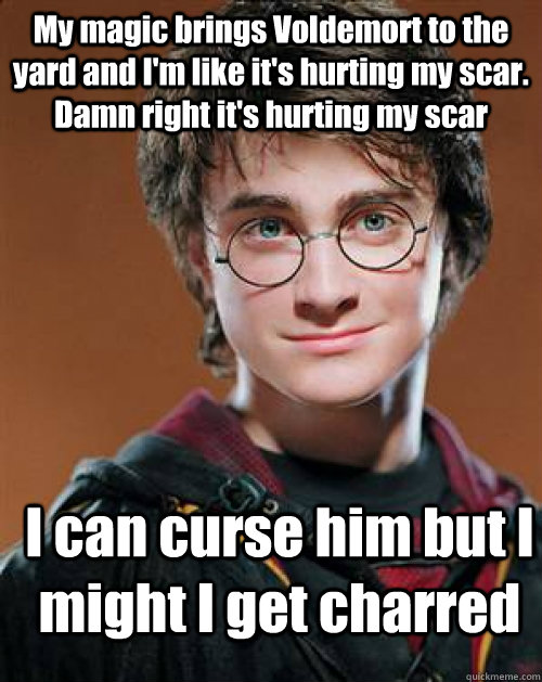 My magic brings Voldemort to the yard and I'm like it's hurting my scar. Damn right it's hurting my scar I can curse him but I might I get charred - My magic brings Voldemort to the yard and I'm like it's hurting my scar. Damn right it's hurting my scar I can curse him but I might I get charred  Arousing Harry Potter