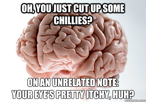 Oh, you just cut up some chillies? On an unrelated note:
Your eye's pretty itchy, huh?  Scumbag Brain