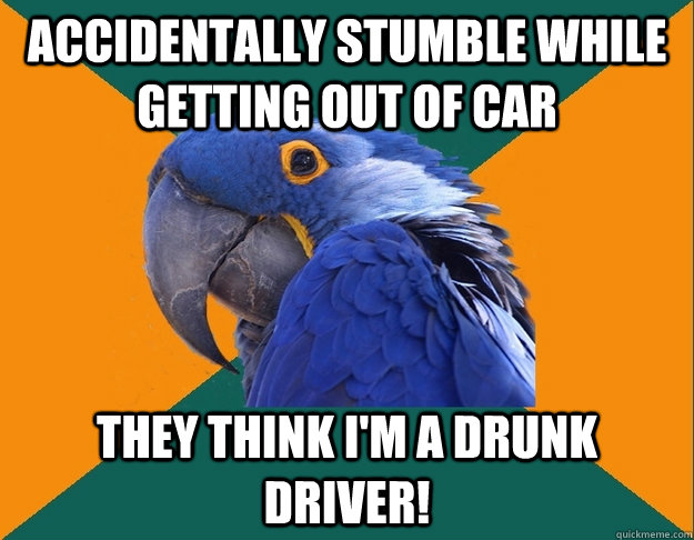 Accidentally stumble while getting out of car They think I'm a drunk driver!  Paranoid parrot flat tire