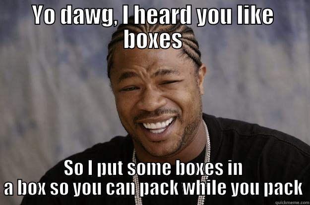 YO DAWG, I HEARD YOU LIKE BOXES SO I PUT SOME BOXES IN A BOX SO YOU CAN PACK WHILE YOU PACK Xzibit meme