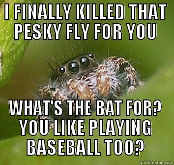 I FINALLY KILLED THAT PESKY FLY FOR YOU WHAT'S THE BAT FOR? YOU LIKE PLAYING BASEBALL TOO? Misunderstood Spider