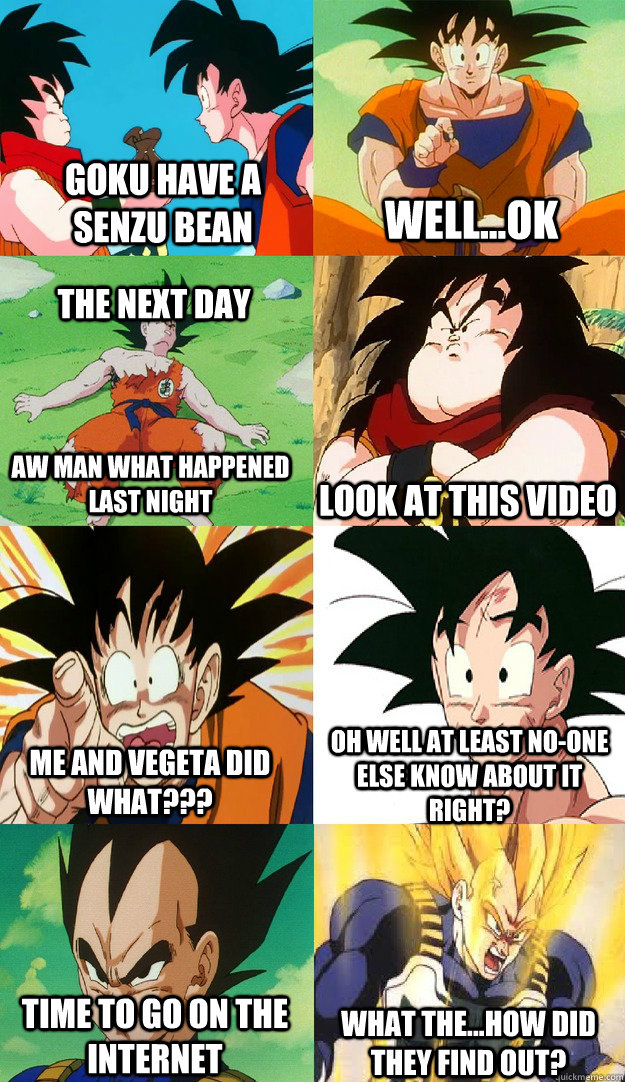 Goku have a senzu bean Well...ok The next day Aw man what happened last night Look at this video me and vegeta did what??? Oh well at least no-one else know about it right? Time to go on the internet what the...how did they find out?  Vegeta and Goku senzu beans