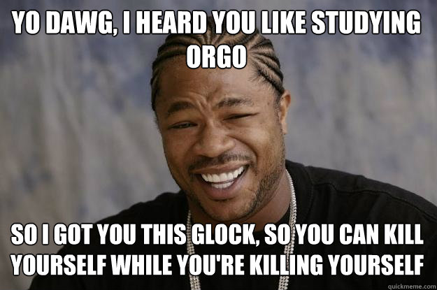 Yo dawg, i heard you like studying orgo so i got you this glock, so you can kill yourself while you're killing yourself  Xzibit meme