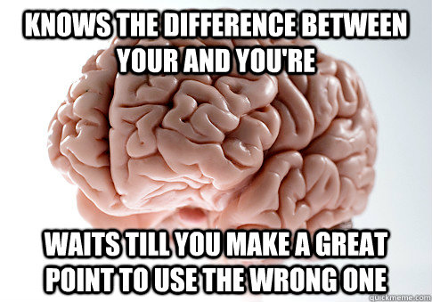 Knows the difference between your and you're Waits till you make a great point to use the wrong one  Scumbag Brain