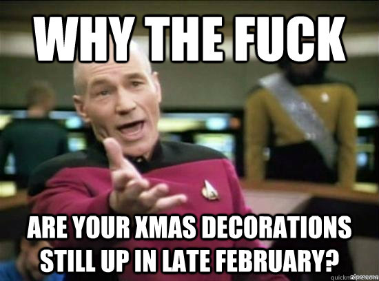 Why the fuck are your xmas decorations still up in late February?  Annoyed Picard HD
