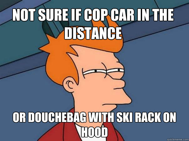 not sure if cop car in the distance or douchebag with ski rack on hood  Futurama Fry