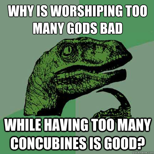 why is worshiping too many gods bad while having too many concubines is good?  Philosoraptor