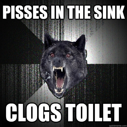 Pisses in the sink clogs toilet  Insanity Wolf