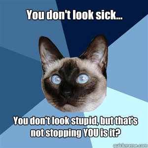 You don't look sick... You don't look stupid, but that's not stopping YOU is it? 
 - You don't look sick... You don't look stupid, but that's not stopping YOU is it? 
  Chronic Illness Cat