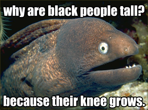 why are black people tall? because their knee grows.  Bad Joke Eel
