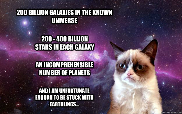200 Billion Galaxies in the known universe 200 - 400 billion stars in each galaxy An incomprehensible number of planets And I am unfortunate enough to be stuck with earthlings...    