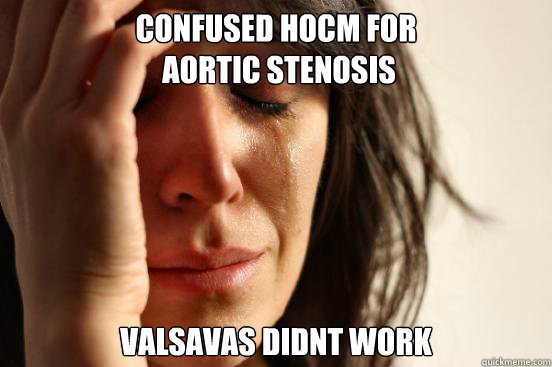 CONFUSED HOCM FOR
 AORTIC STENOSIS VALSAVAS DIDNT WORK  First World Problems
