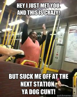 Hey I just met you.
And this is crazy! But suck me off at the next station.. 
Ya dog cunt!
   Suck me off at the next station