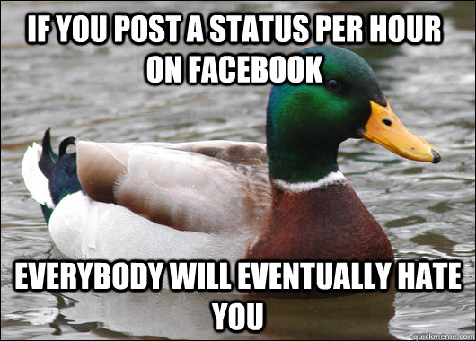 if you post a status per hour on facebook everybody will eventually hate you  Actual Advice Mallard