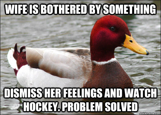 wife is bothered by something dismiss her feelings and watch hockey. problem solved  Malicious Advice Mallard