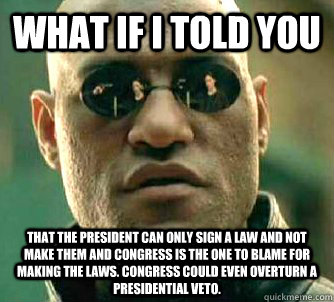 What if I told you That the president can only sign a law and not make them and congress is the one to blame for making the laws. Congress could even overturn a Presidential veto.  What if I told you