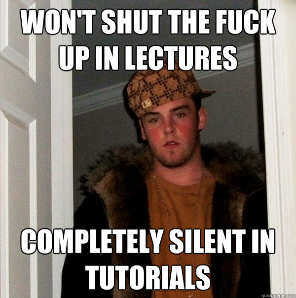 Won't shut the fuck up in lectures Completely silent in tutorials  Scumbag Steve