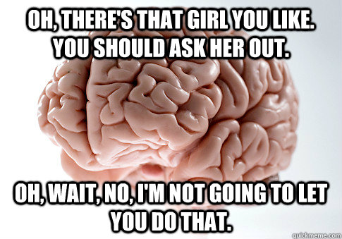 Oh, there's that girl you like. You should ask her out. Oh, wait, no, I'm not going to let you do that.  Scumbag Brain