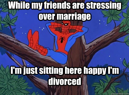 While my friends are stressing over marriage I'm just sitting here happy I'm divorced - While my friends are stressing over marriage I'm just sitting here happy I'm divorced  Spiderman Tree