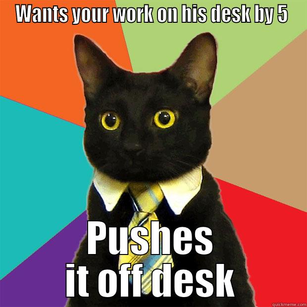 WANTS YOUR WORK ON HIS DESK BY 5 PUSHES IT OFF DESK Business Cat
