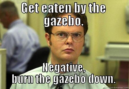 Still doesn't think he sounds like him... - GET EATEN BY THE GAZEBO. NEGATIVE, BURN THE GAZEBO DOWN. Dwight