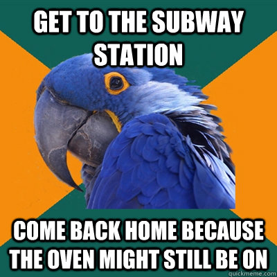 GET TO THE SUBWAY STATION COME BACK HOME BECAUSE THE OVEN MIGHT STILL BE ON  Paranoid Parrot