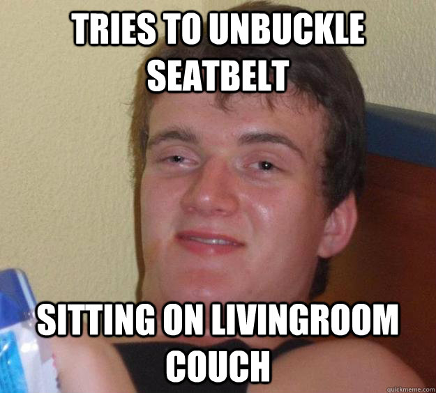 tries to unbuckle seatbelt Sitting on livingroom couch - tries to unbuckle seatbelt Sitting on livingroom couch  10 Guy