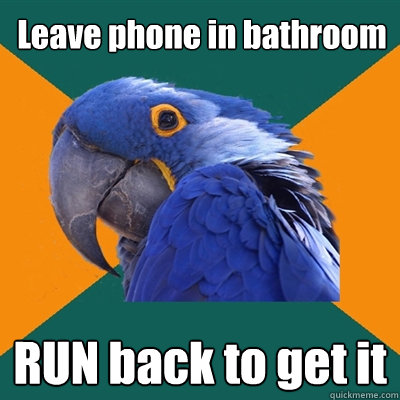 Leave phone in bathroom RUN back to get it  Paranoid Parrot