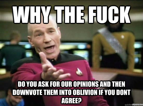 Why the fuck do you ask for our opinions and then downvote them into oblivion if you dont agree?  Annoyed Picard HD