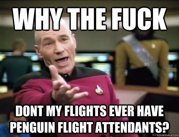 why the fuck Dont my flights ever have penguin flight attendants?  Annoyed Picard HD