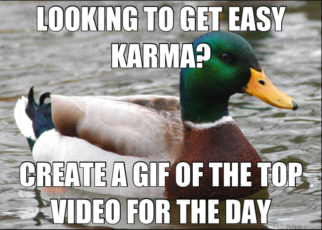 LOOKING TO GET EASY KARMA? CREATE A GIF OF THE TOP VIDEO FOR THE DAY - LOOKING TO GET EASY KARMA? CREATE A GIF OF THE TOP VIDEO FOR THE DAY  Actual Advice Mallard