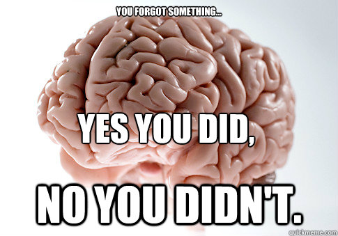 YOU FORGOT SOMETHING... No you didn't. Yes you did,  Scumbag Brain