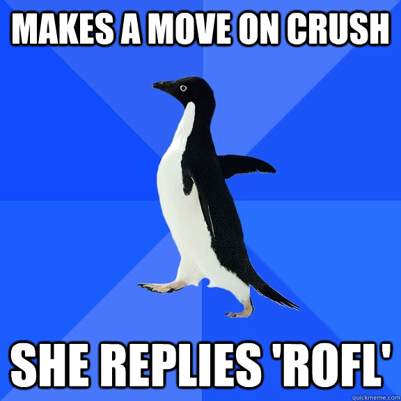 makes a move on crush she replies 'rofl'  Socially Awkward Penguin