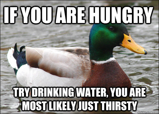 If you are hungry try drinking water, you are most likely just thirsty  Actual Advice Mallard