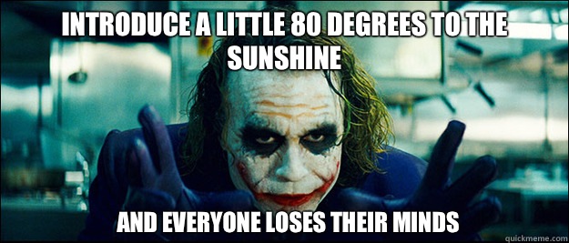 Introduce a little 80 degrees to the sunshine And everyone loses their minds  The Joker