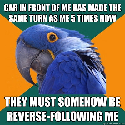 car in front of me has made the same turn as me 5 times now they must somehow be reverse-following me  Paranoid Parrot