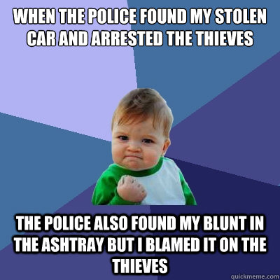 When the police found my stolen car and arrested the thieves the police also found my blunt in the ashtray but i blamed it on the thieves  Success Kid