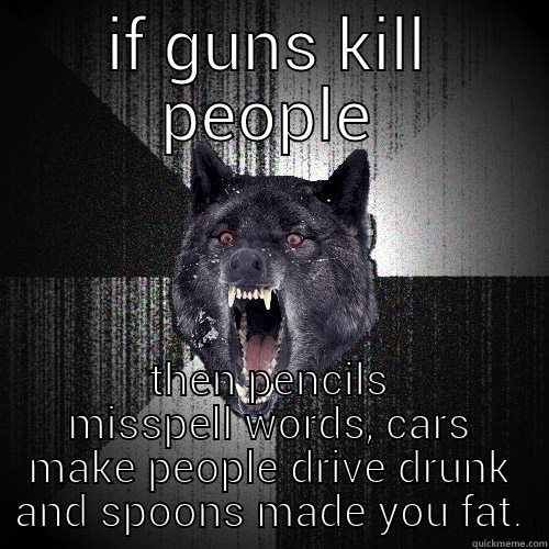 IF GUNS KILL PEOPLE THEN PENCILS MISSPELL WORDS, CARS MAKE PEOPLE DRIVE DRUNK AND SPOONS MADE YOU FAT. Insanity Wolf