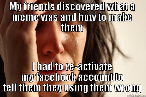 MY FRIENDS DISCOVERED WHAT A MEME WAS AND HOW TO MAKE THEM I HAD TO RE-ACTIVATE MY FACEBOOK ACCOUNT TO TELL THEM THEY USING THEM WRONG First World Problems