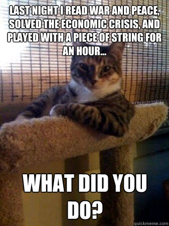 Last night I read War and Peace, solved the economic crisis, and played with a piece of string for an hour... What did you do?  The Most Interesting Cat in the World