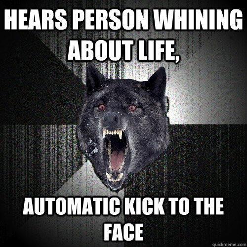 Hears person whining about life, automatic kick to the face  Insanity Wolf