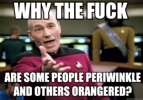 Why the fuck Are some people Periwinkle and others Orangered?  Patrick Stewart WTF