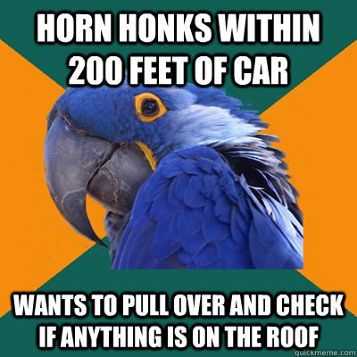 horn honks within 200 feet of car wants to pull over and check if anything is on the roof  Paranoid Parrot
