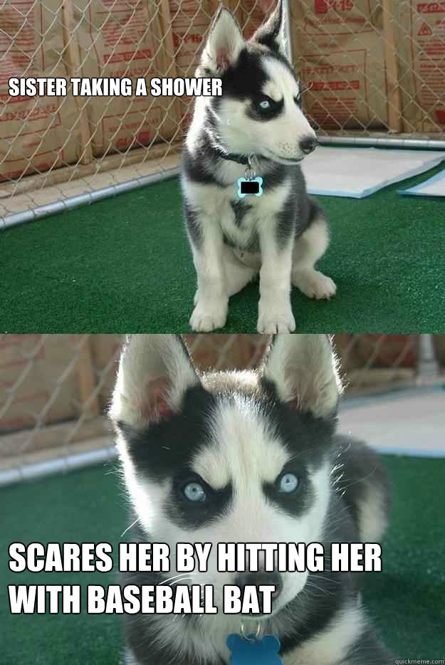 sister taking a shower scares her by hitting her with baseball bat  Insanity puppy