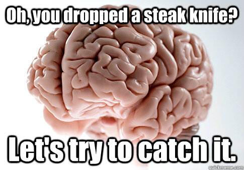 Oh, you dropped a steak knife? Let's try to catch it.  Scumbag Brain