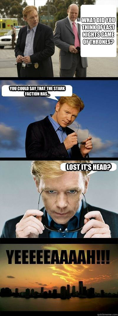 What did you think of last nights Game of Thrones? You could say that the Stark faction has... lost it's head? - What did you think of last nights Game of Thrones? You could say that the Stark faction has... lost it's head?  Horatio Caine